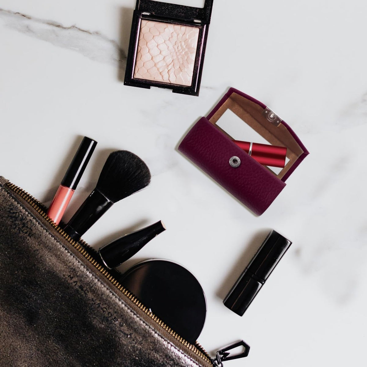 Leather Lipstick Case with Mirror - Travel Cosmetic Organizer for Women