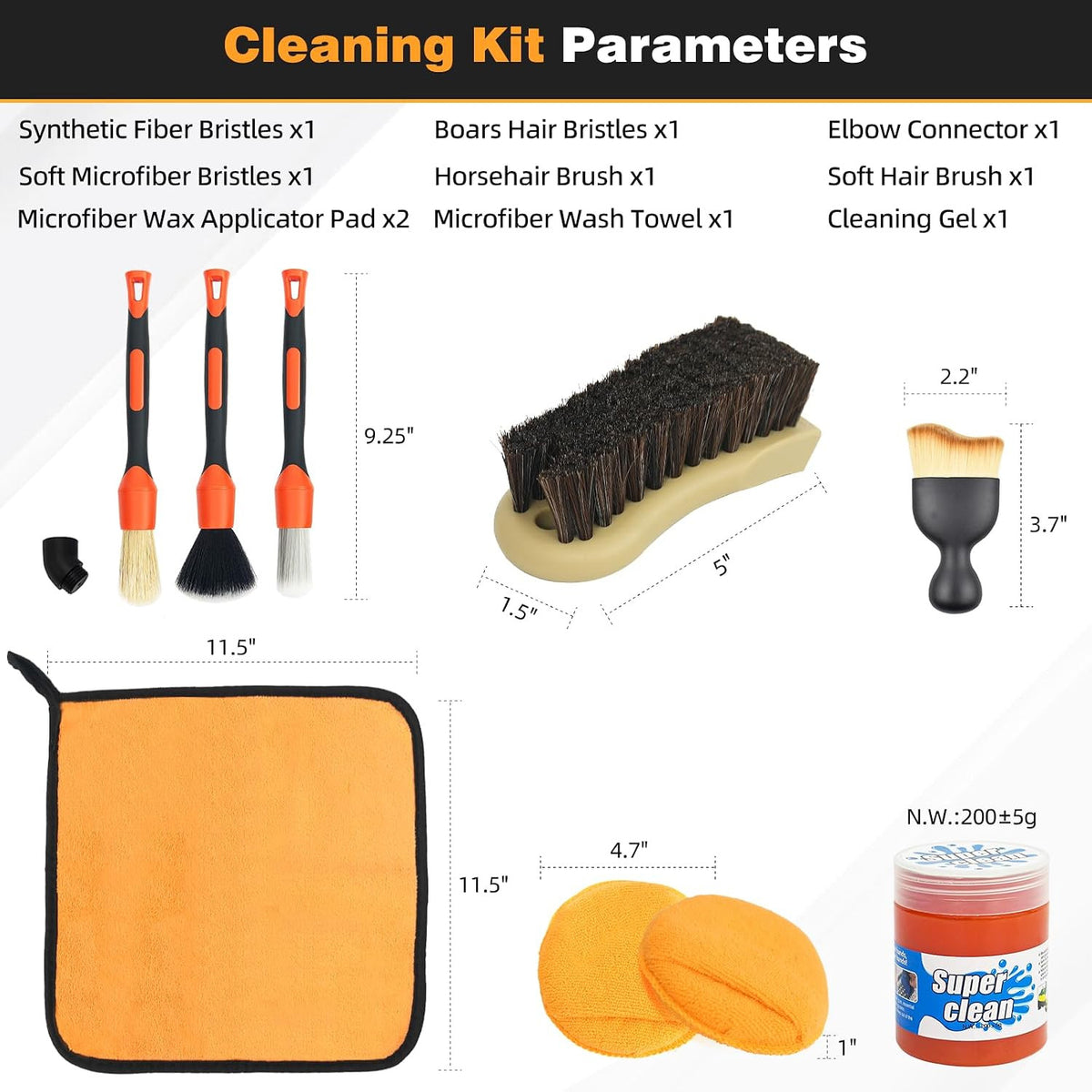Car Detailing Brush Set with Horsehair and Boar Bristle - 9 Pieces