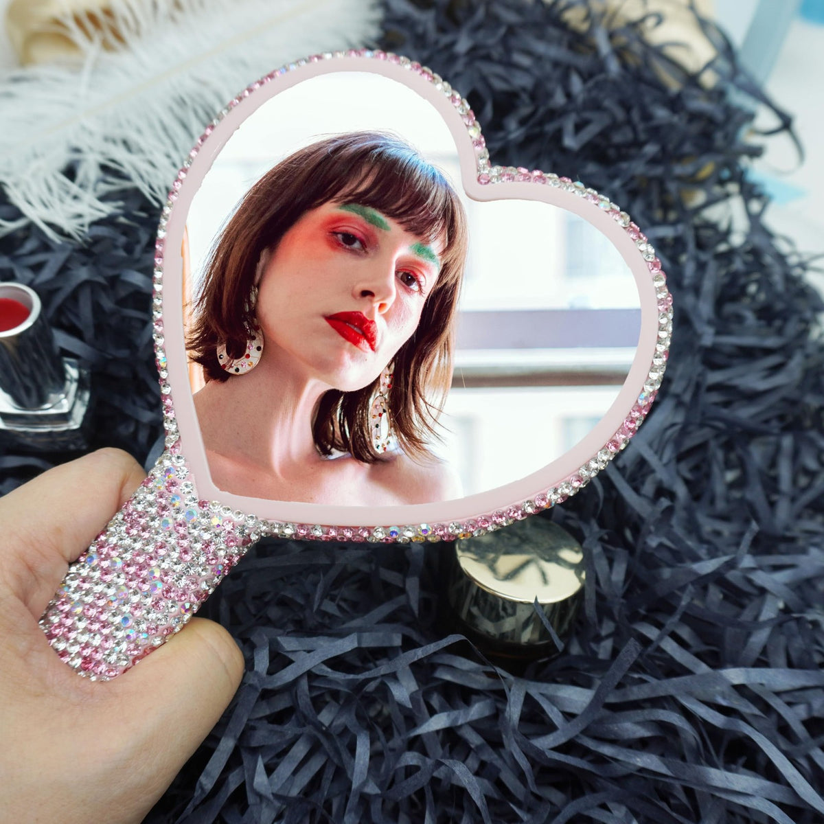 Large Heart-Shaped Rhinestone Handheld Mirror with Glitter Handle for Women