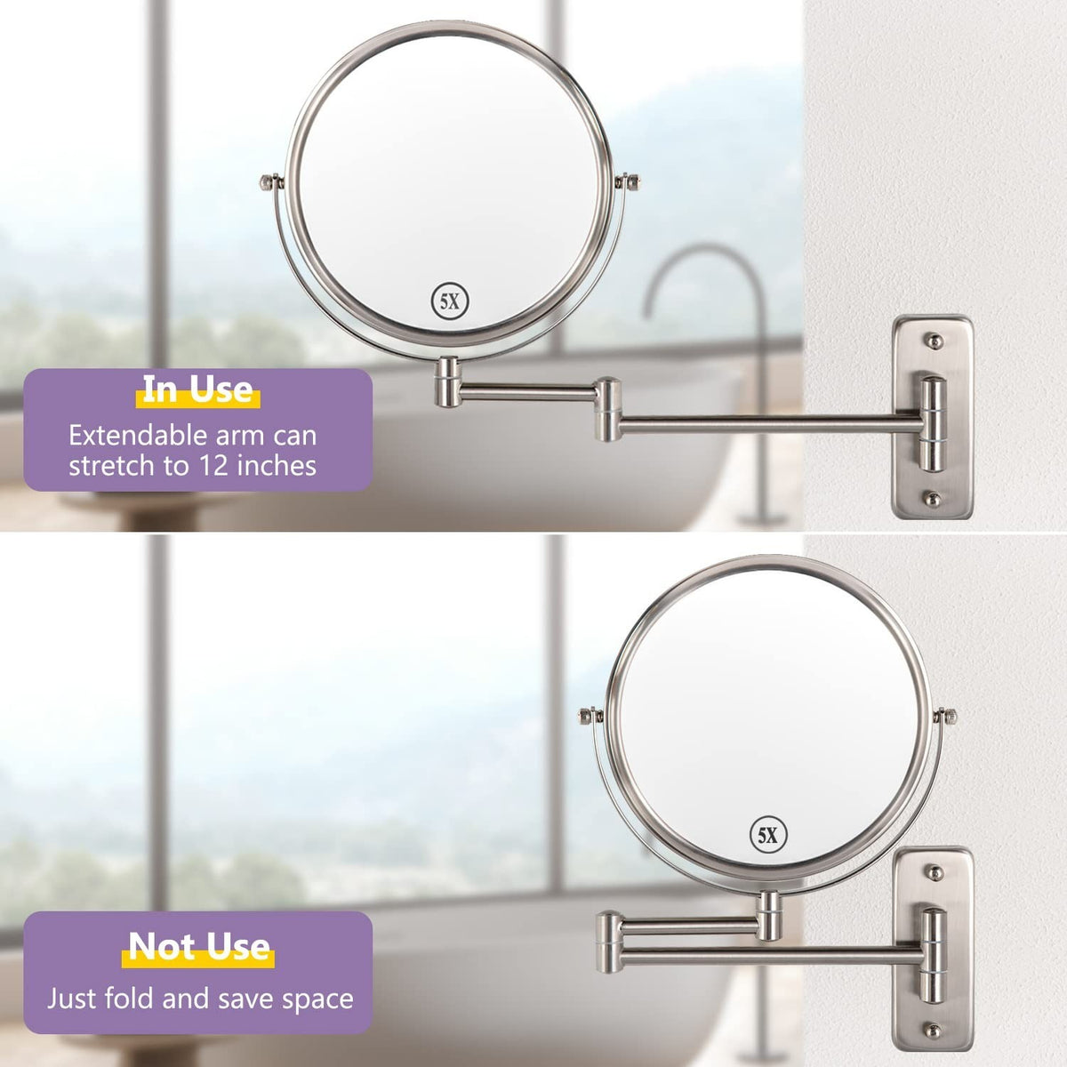 Wall Mounted Makeup Mirror with 1X/5X Magnification - 8 Inch Extendable Double Sided Bathroom Mirror
