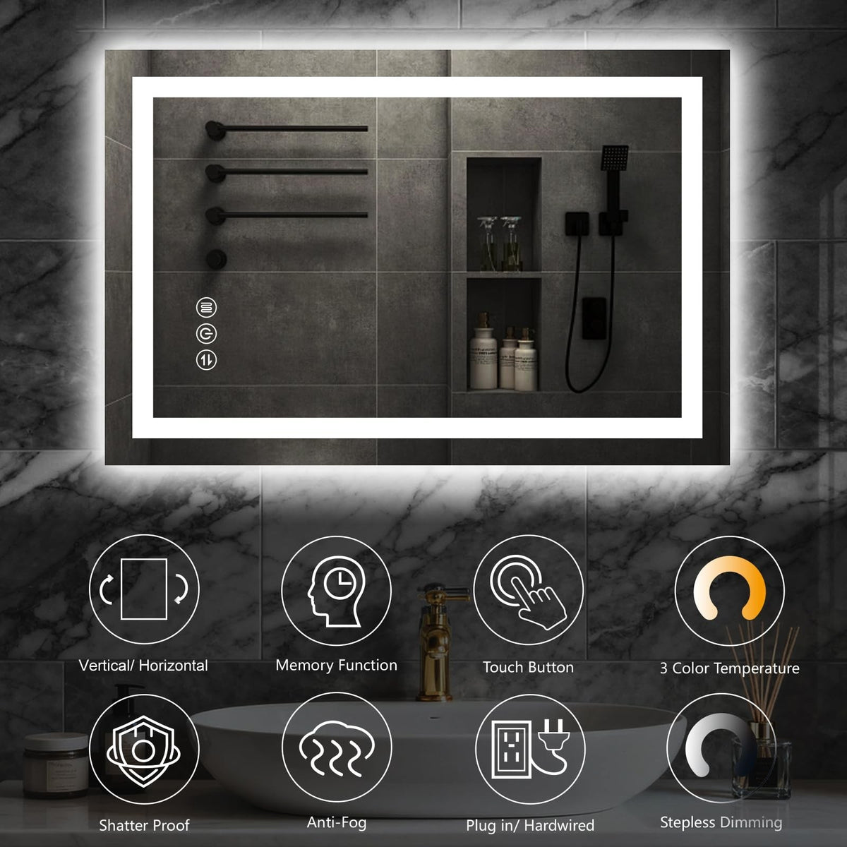 24x32 Inch LED Bathroom Mirror with Lights, Anti-Fog Wall Vanity Mirror