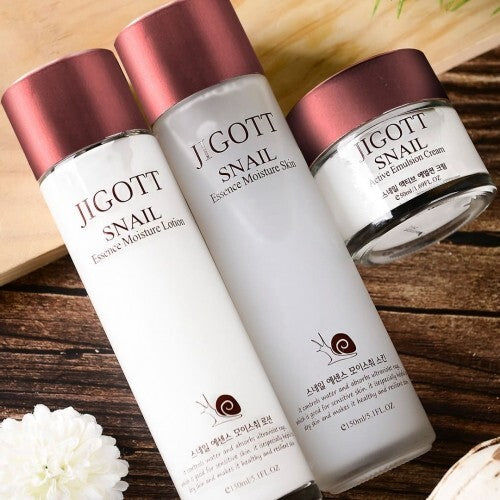 Jigott Snail Essence Moisture Skin Care Set - Toner, Emulsion, Cream, Travel Sizes