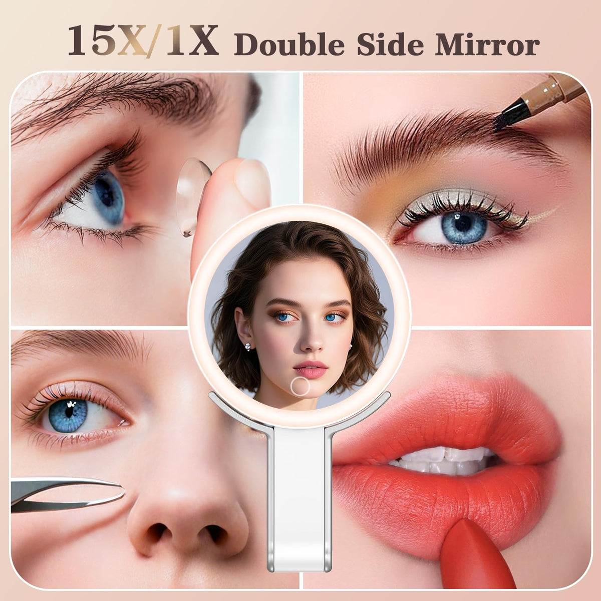 Travel Makeup Mirror with Lights and Magnification - 15X/1X Double Sided Portable LED Mirror, Dimmable Touch, White