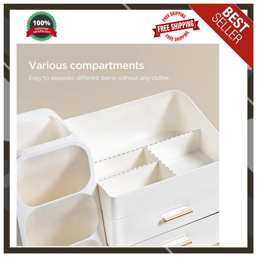 Large Plastic Makeup Organizer with Drawers and Brush Slots - White Vanity Storage
