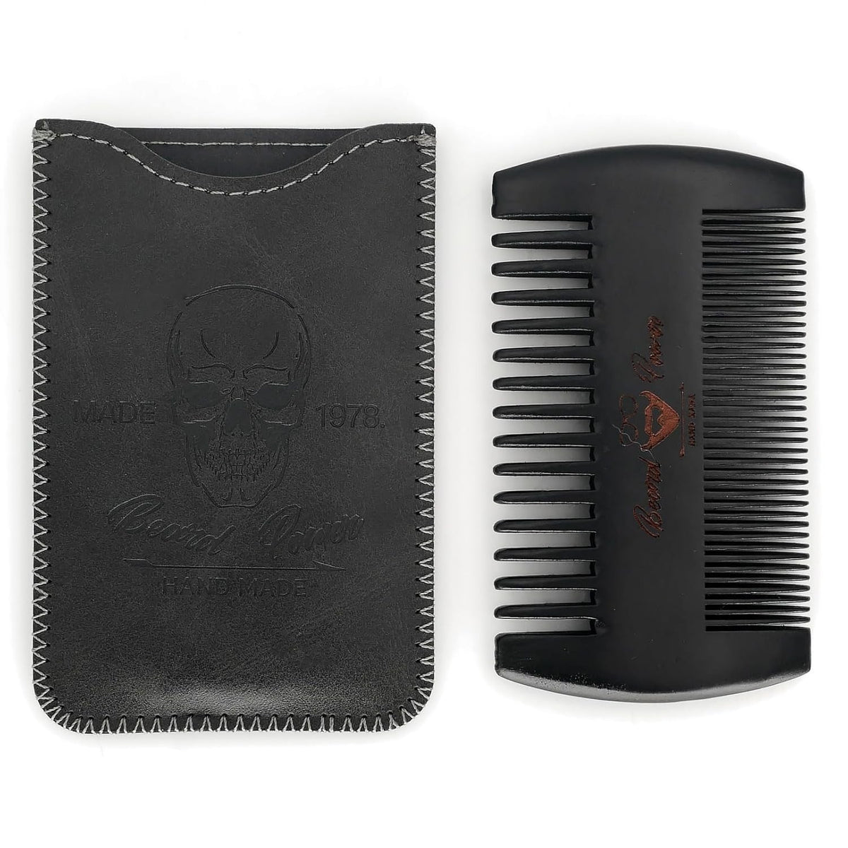 Black Wooden Beard Comb with Protective Leather Case - Travel Grooming Tool