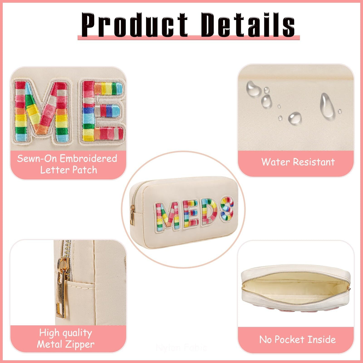 Travel Makeup Bag with Chenille Letter Patches Waterproof Nylon Compact Organizer