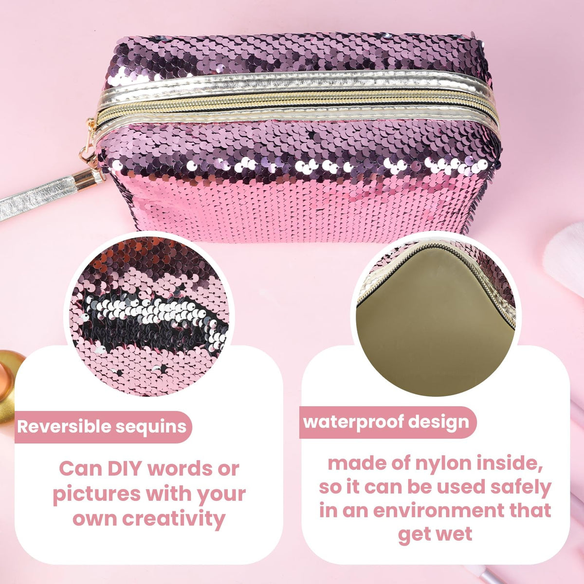 Travel Cosmetic Bag Sequin Makeup Pouch Waterproof Pink