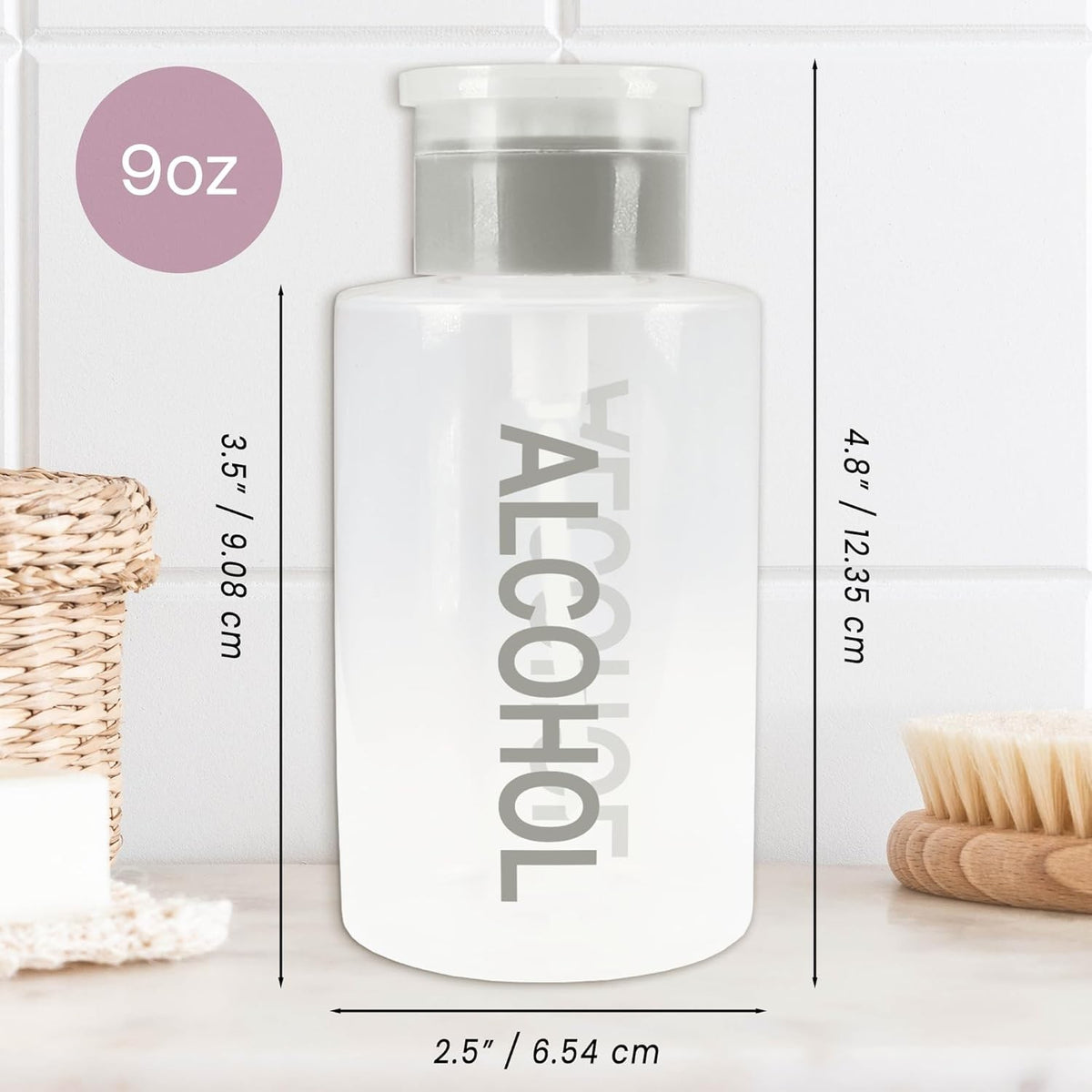Liquid Push Down Alcohol Dispenser - Clear Refillable Bottle 9 Oz
