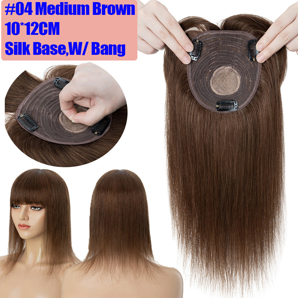 Remy Human Hair Topper with Bangs - Clip-In Hairpiece for Thinning Hair