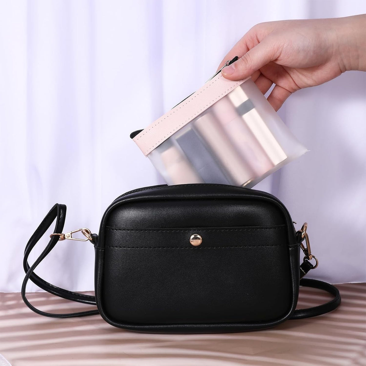 Set of 4 Mini Waterproof Makeup Bags - Clear Frosted TPU Strawberry Pattern