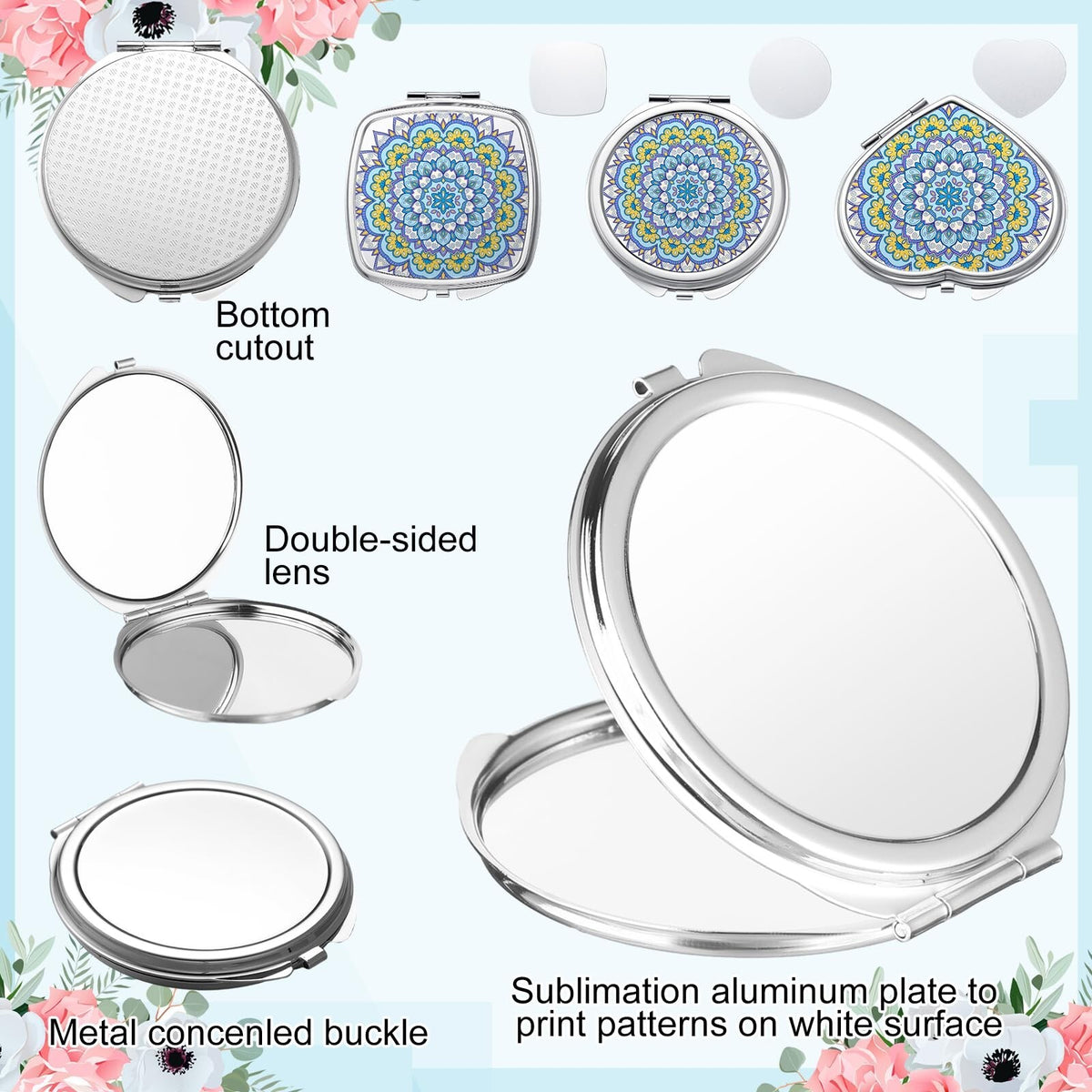 Double Sided Compact Mirror with Magnification - Sublimation Blanks for Custom Design, 12 Pack