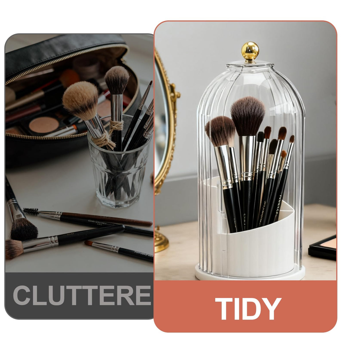 Rotating Makeup Brush Holder Organizer with Dustproof Lid - Transparent