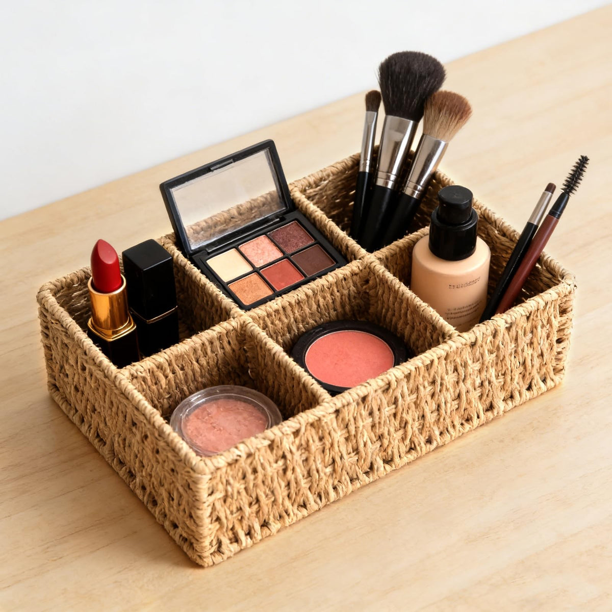 Wicker Makeup Organizer with 6 Compartments - Hand-Woven Vanity Storage Basket