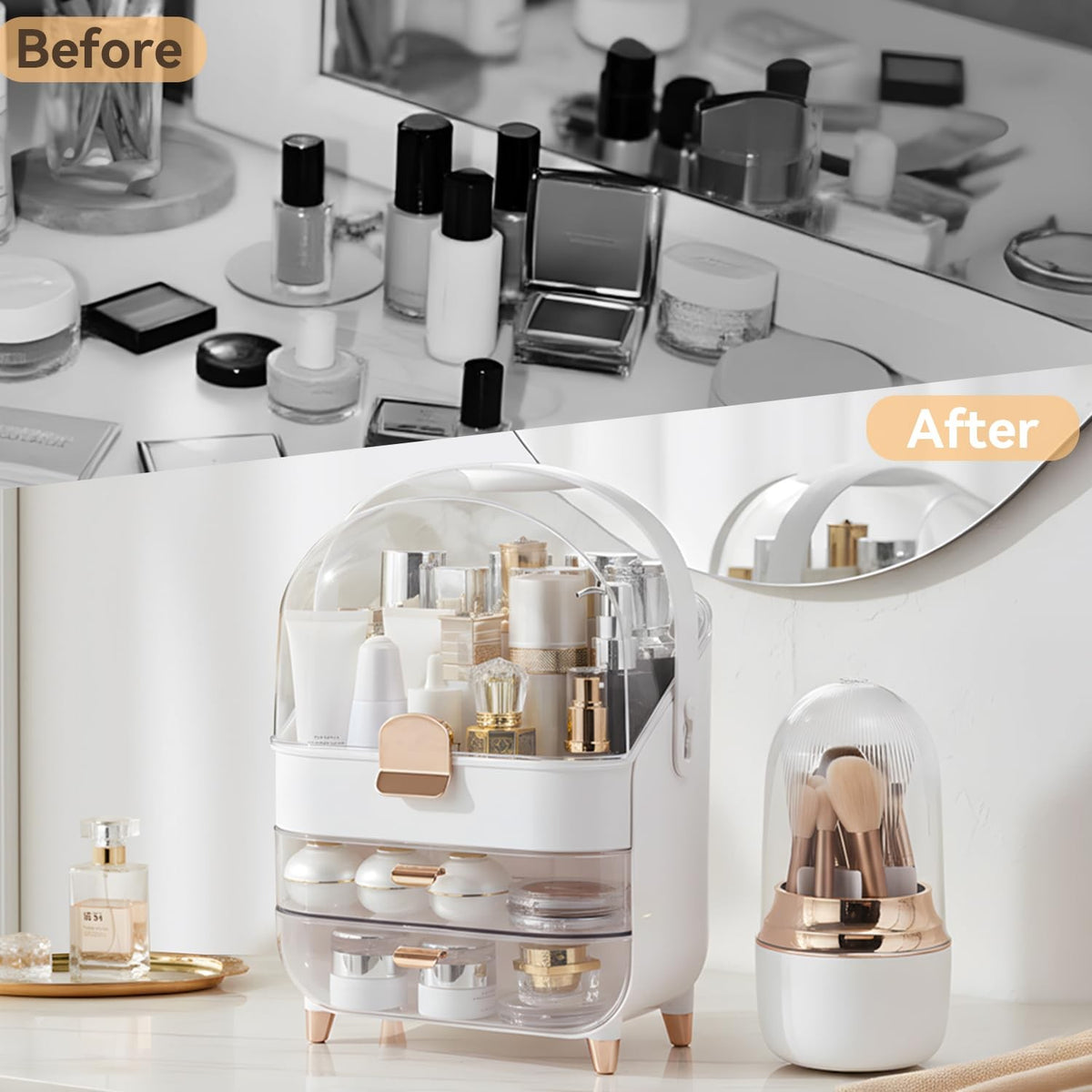 Rose Gold Makeup Organizer with Drawers & Brush Holder for Vanity