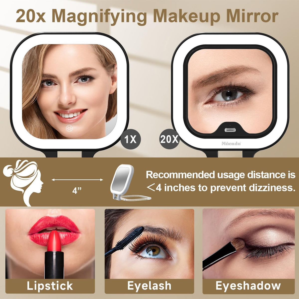 Travel Makeup Mirror with 1X/20X Magnification & LED Light, Compact Double-Sided