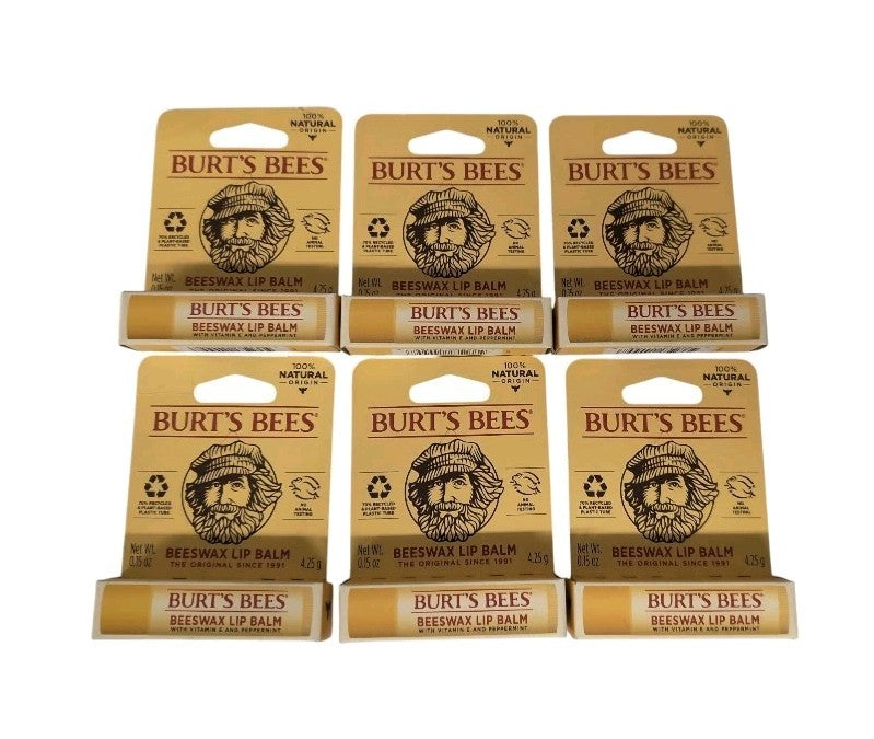 6 Pack Beeswax Lip Balms with Vitamin E & Peppermint - Natural Moisturizer