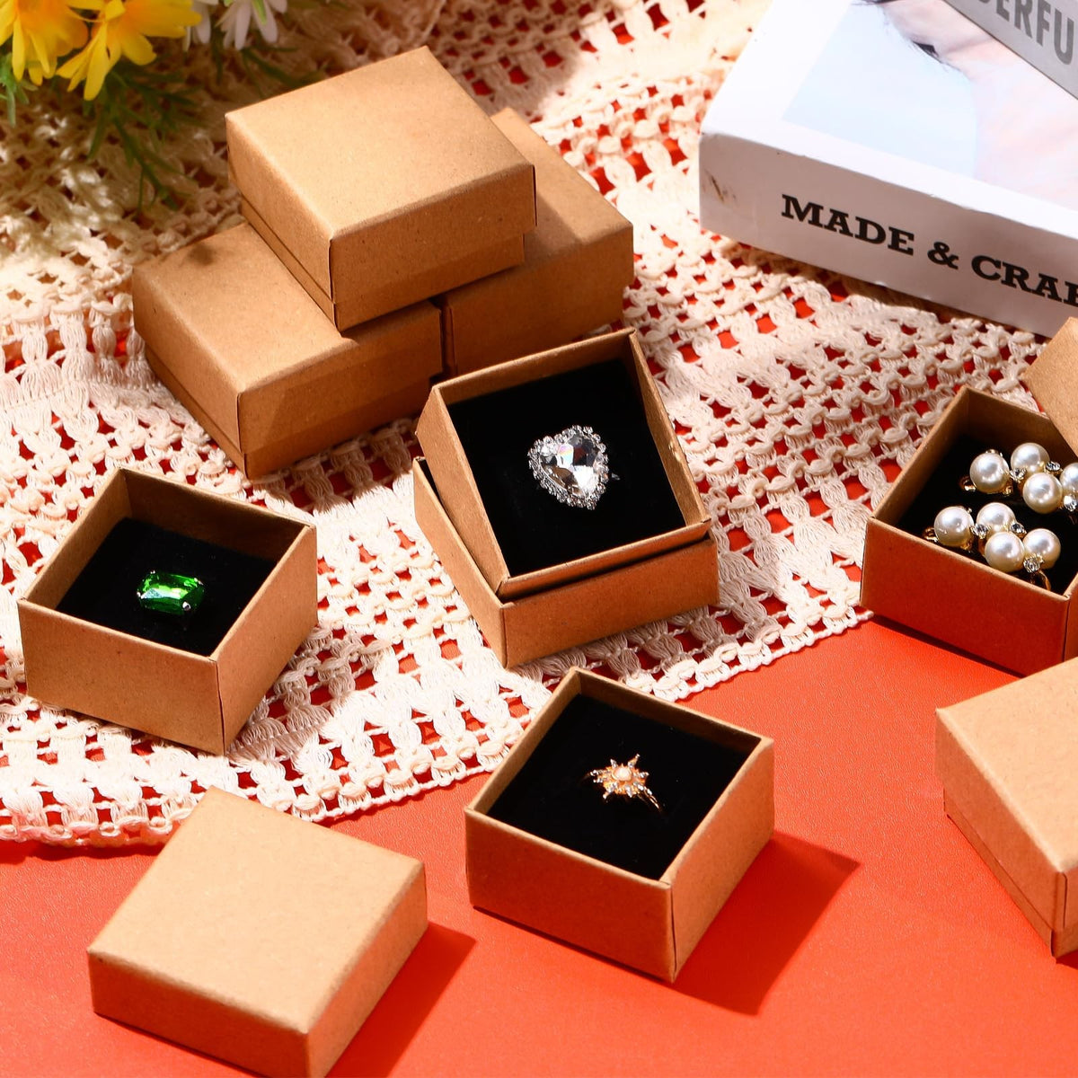 120 Pack Small Ring Boxes - 2x2x1.2 Inches Brown Jewelry Storage Organizer