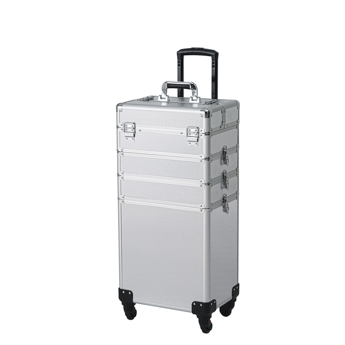 4-in-1 Aluminum Rolling Makeup Case with Draw-Bar Interchangeable Compartments