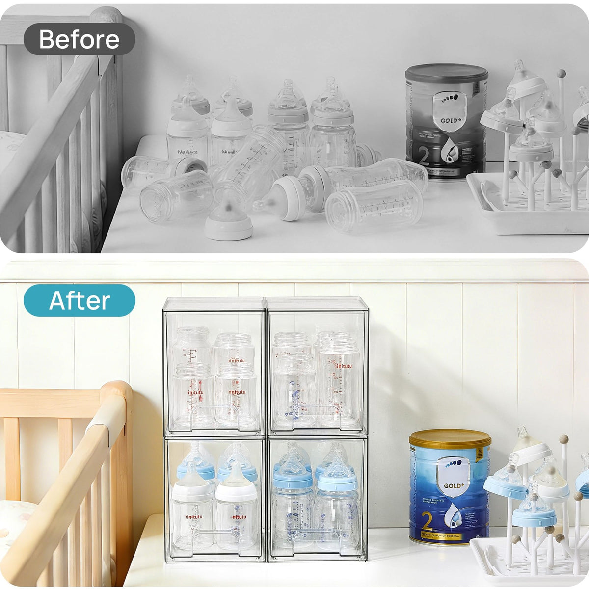 7.6-Inch Clear Stackable Storage Drawers for Skincare & Cosmetics - 4 Pack