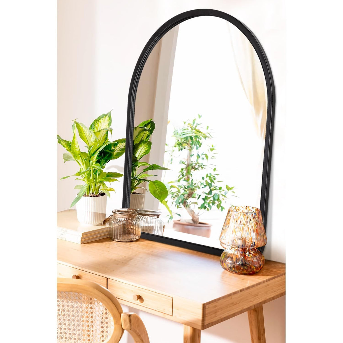 Large Arched Wall Mirror - Vintage Wooden Frame, Rustic Farmhouse Style, 26 x 18 Inches