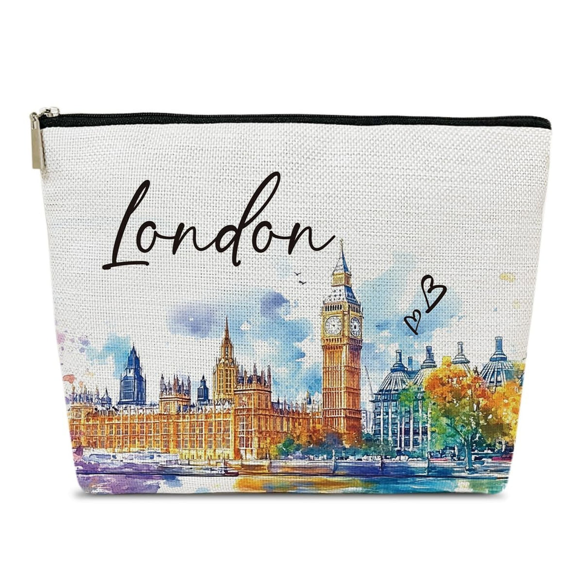 London Travel Makeup Bag with Watercolor City Scene – Large Cosmetic Organizer for Women