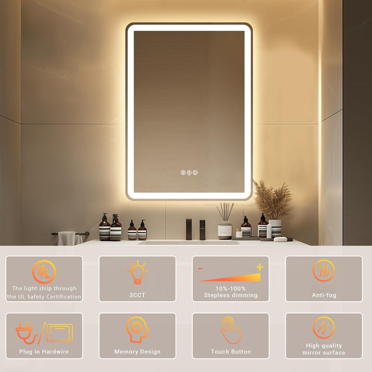 LED Bathroom Mirror 28 x 20 with Stepless Dimmable Backlight, Anti-Fog, 3 Color Modes