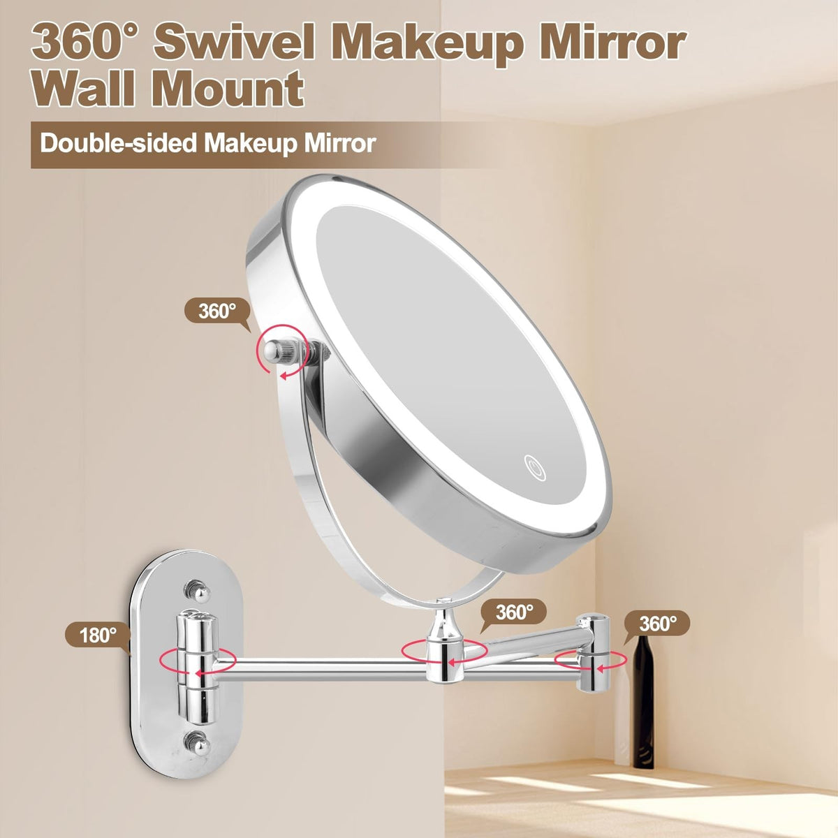 Rechargeable Lighted Wall Mount Makeup Mirror with 20X Magnification, 3 Light Modes