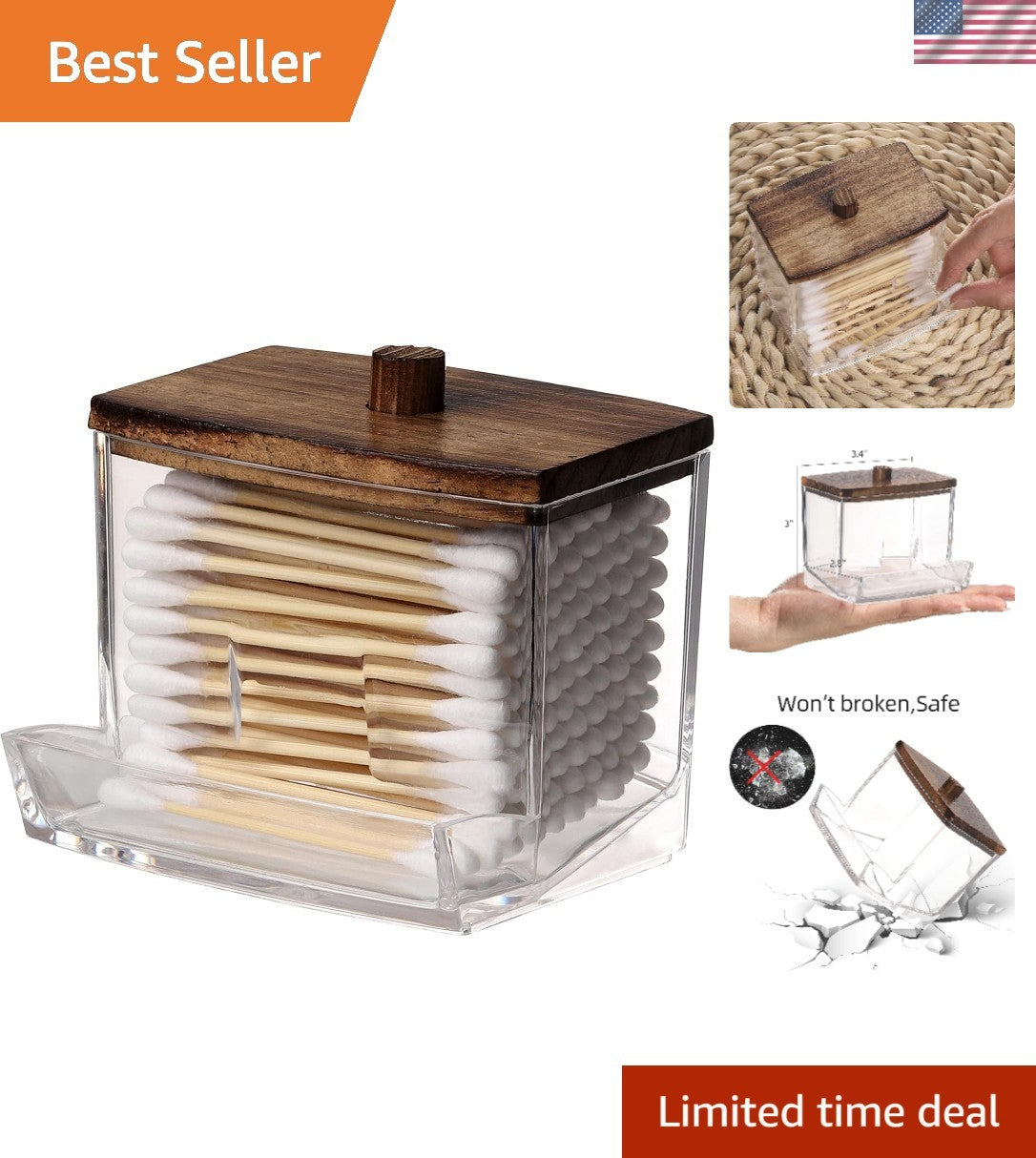 Cotton Swab Holder with Wooden Lid - Stylish Bathroom & Desk Organizer