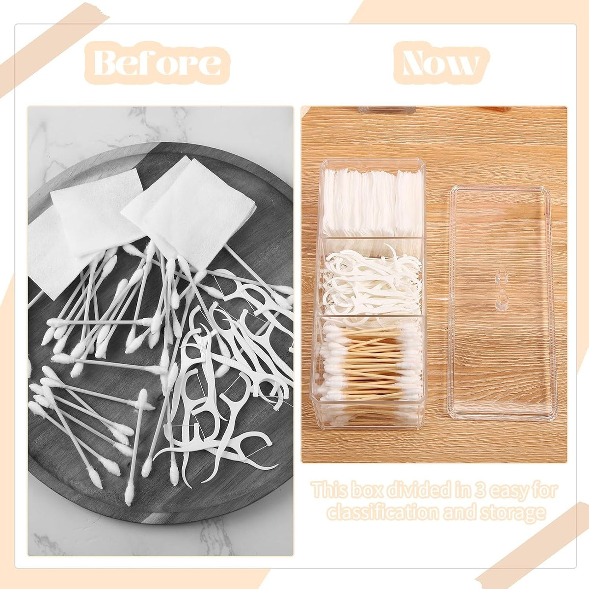 Acrylic Qtip Holder with 3 Compartments Bathroom Organizer, Cotton Swab & Ball Dispenser