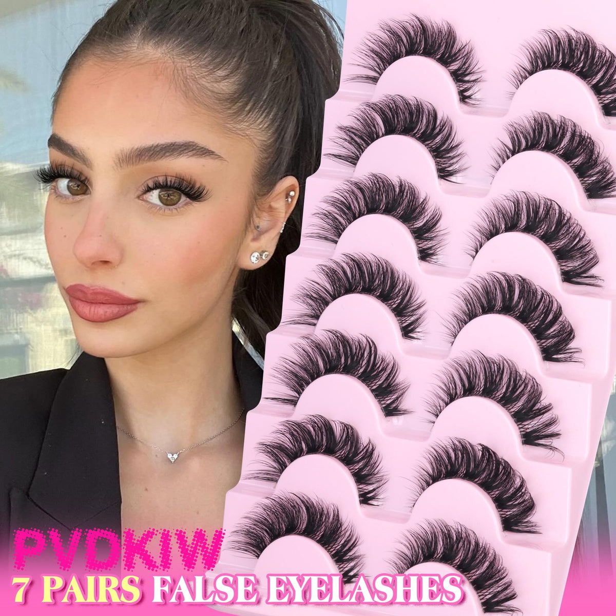 False Eyelashes Wispy Cat Eye Lashes 7 Pairs with Clear Band for Natural Look