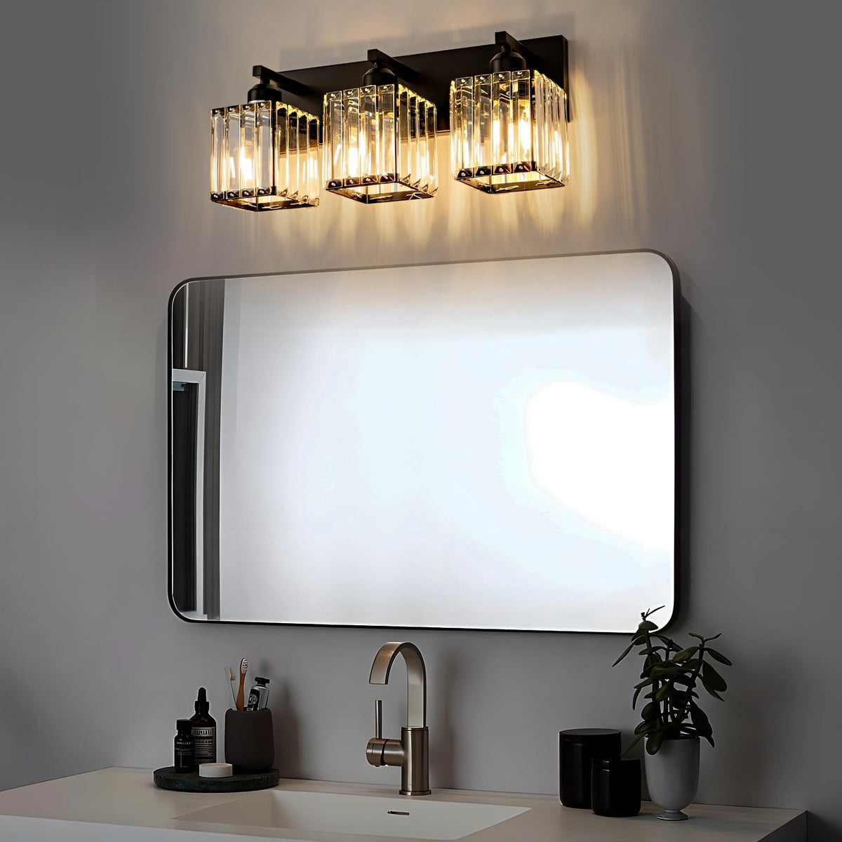 Black 3-Light Crystal Bathroom Vanity Light Fixture - Modern Wall Sconce