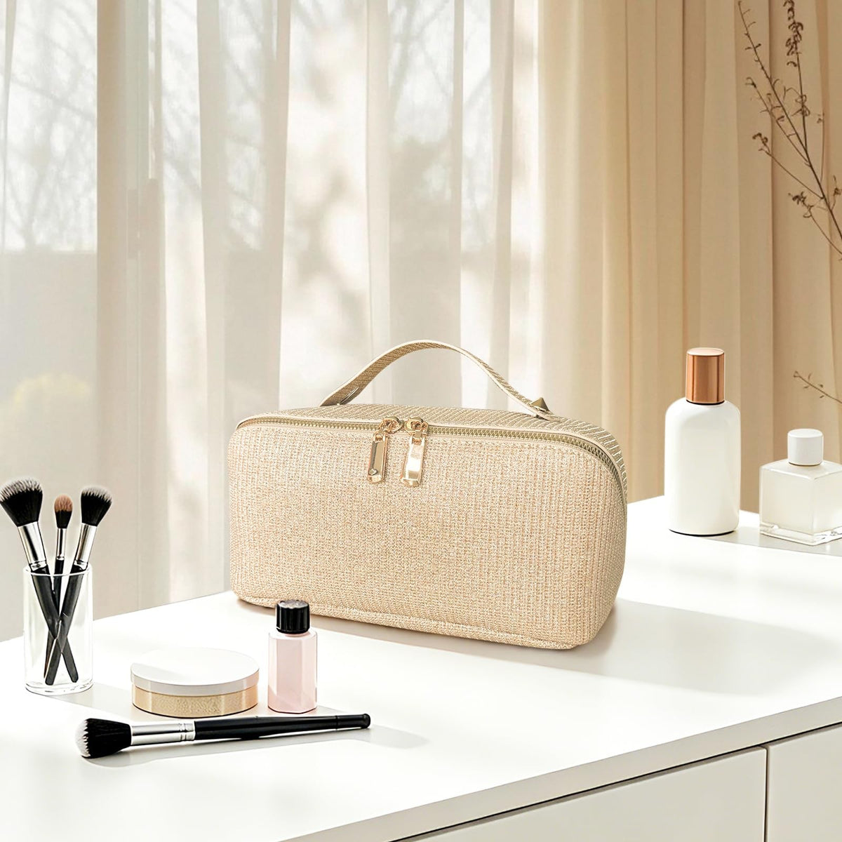Travel Makeup Bag with Compartments Flat Open Cosmetic Pouch for Women