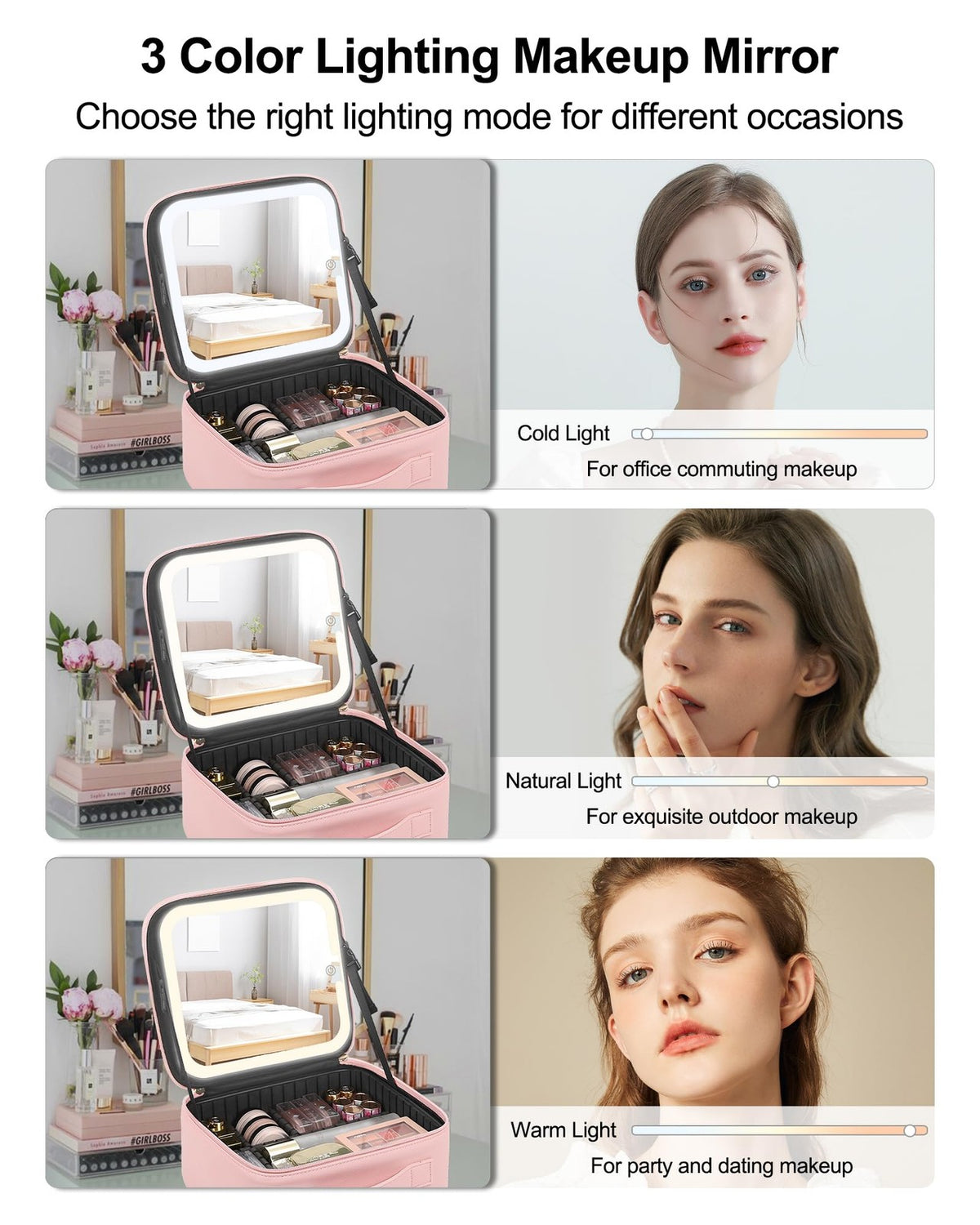 LED Mirror Makeup Bag with Adjustable Dividers, Waterproof Travel Cosmetic Organizer for Women & Girls