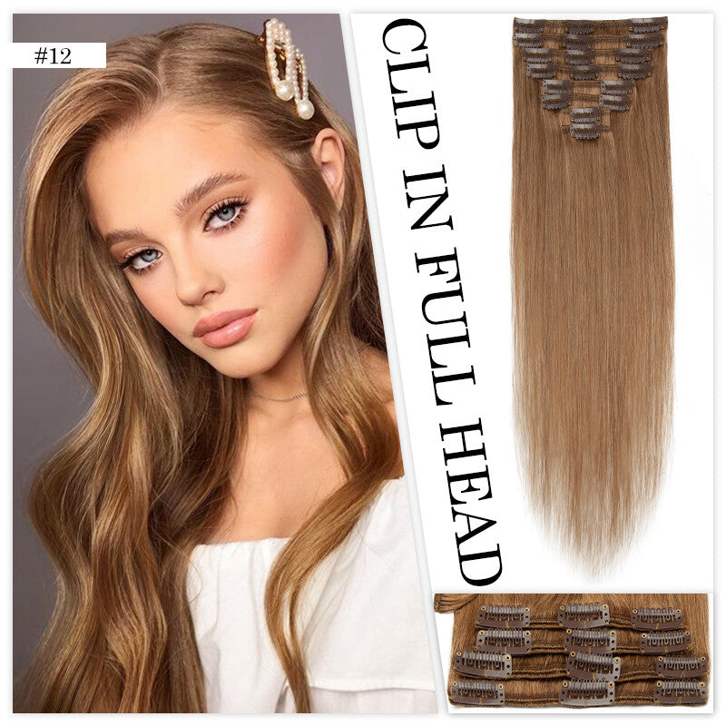 Clip-In Human Hair Extensions Full Head Set - Remy Straight Hair 8 Pieces