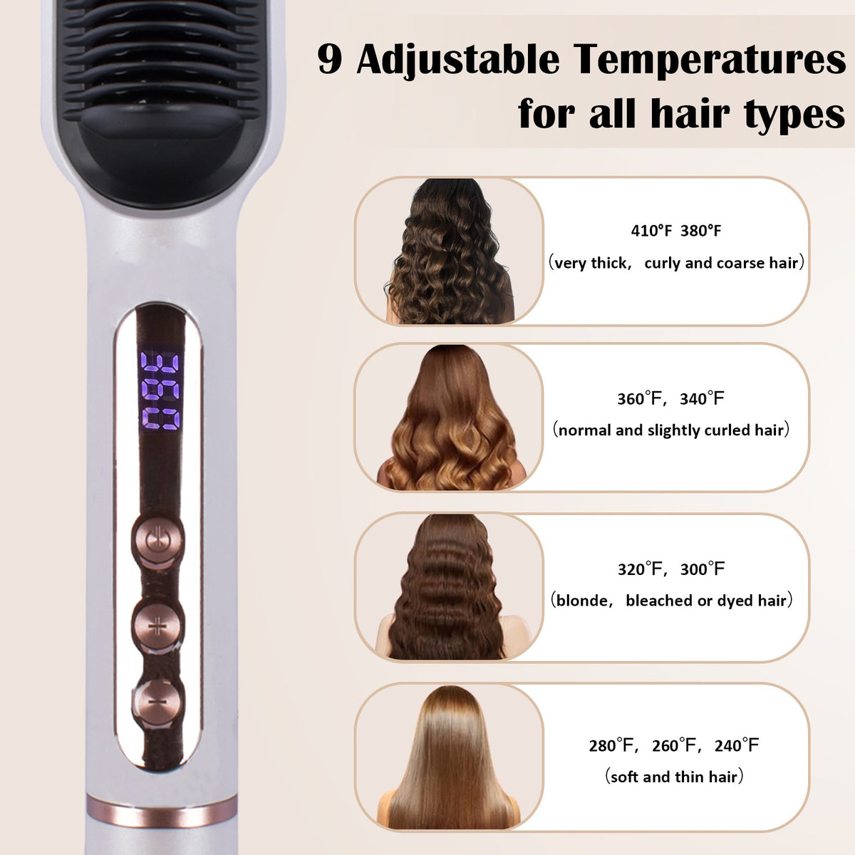 Negative Ionic Hair Straightener Brush with 9 Temp Settings & LED Display