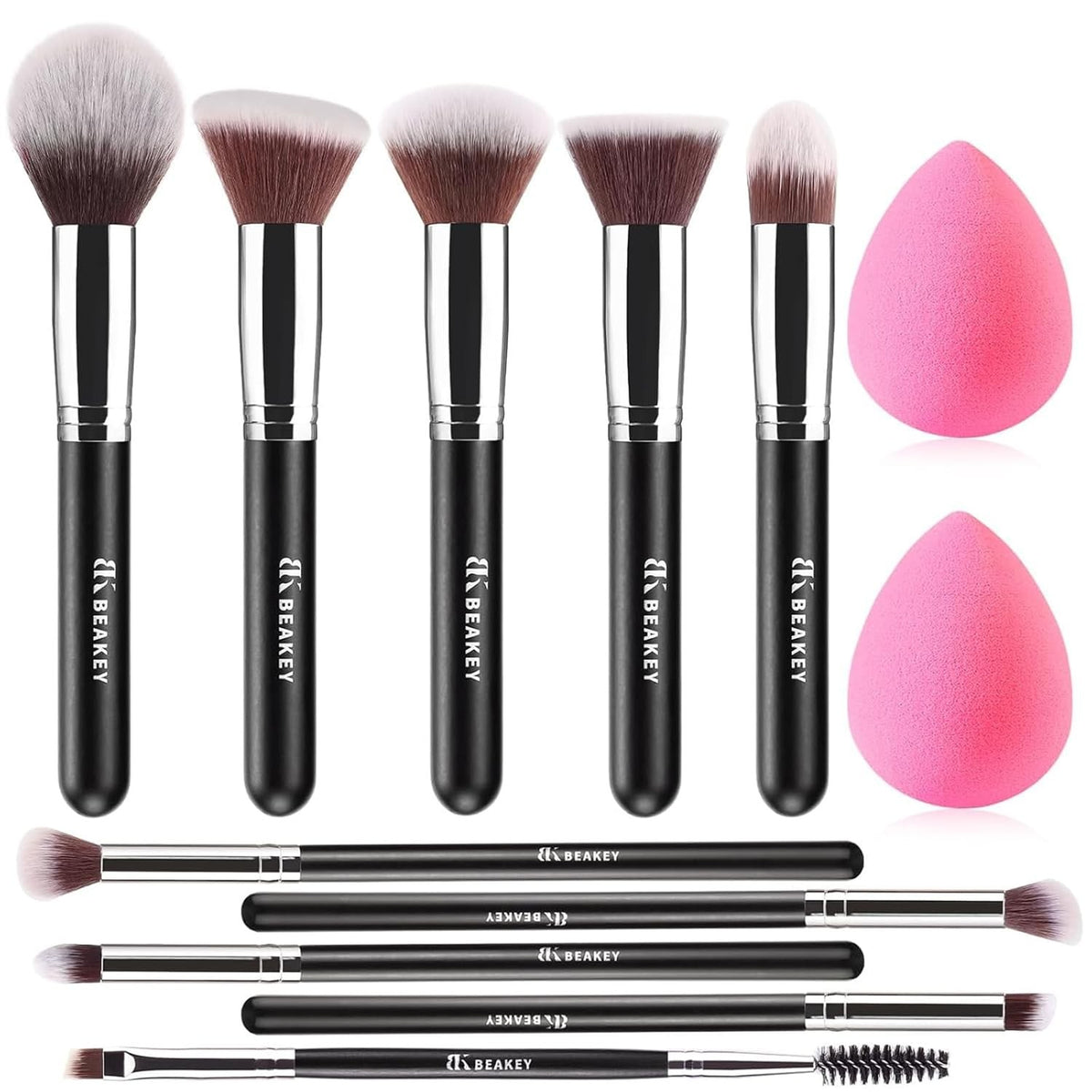 Makeup Brush Set 12 Pcs Professional Foundation & Eye Brushes Black Silver