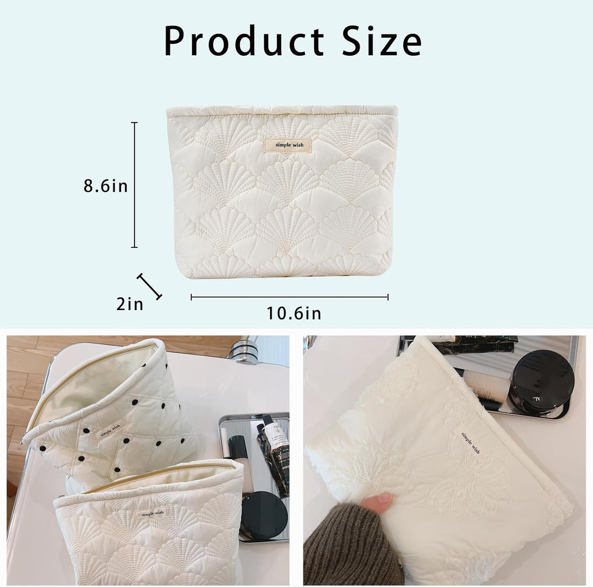 White Quilted Cotton Makeup Pouch – Coquette Travel Toiletry Bag for Women
