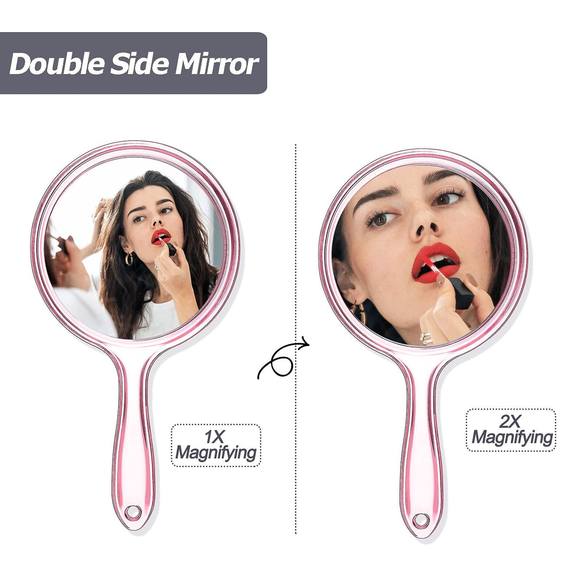 Double-Sided Hand Mirror 1x/2x Magnifying with Handle - Pink