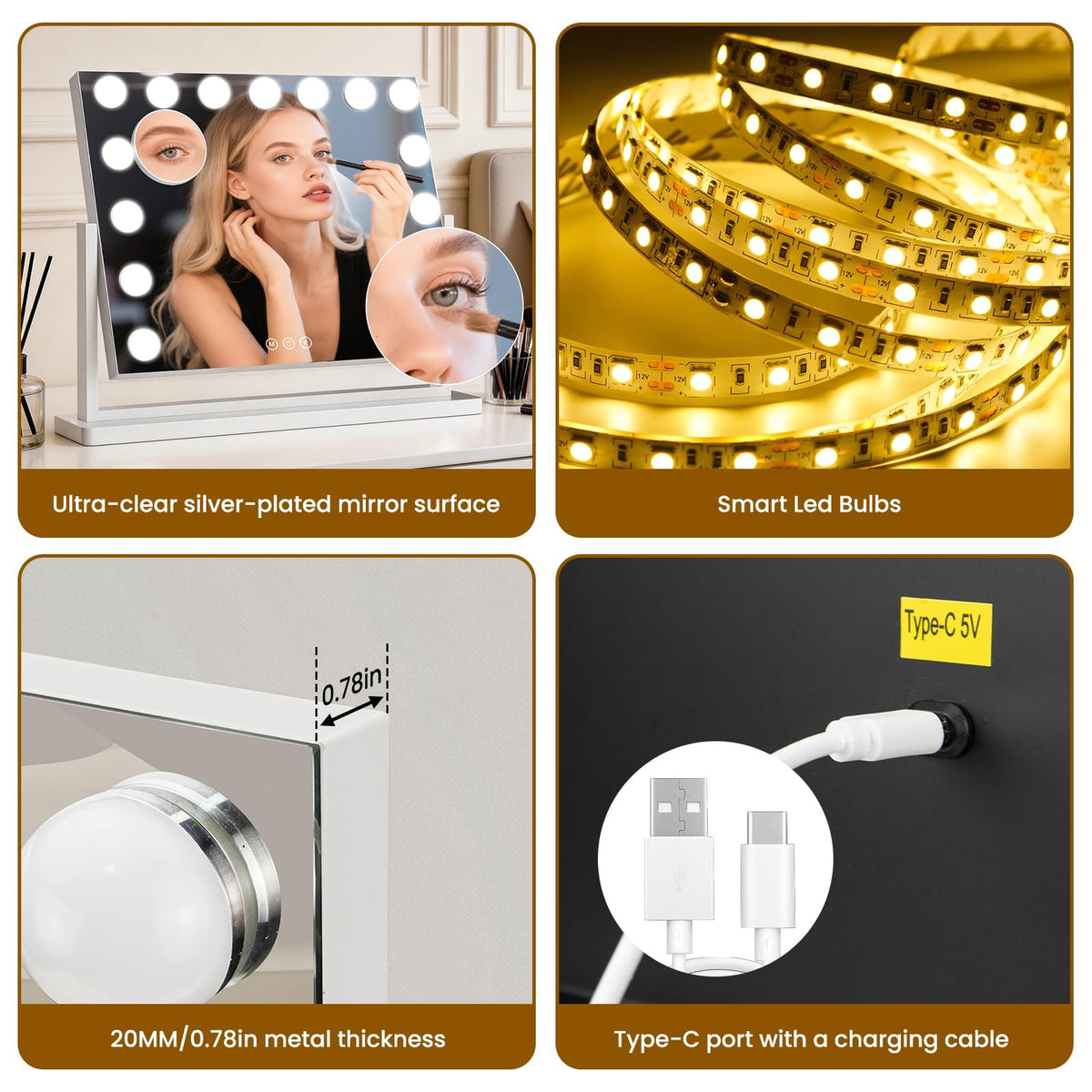 Bearolve 23x17 Inch Hollywood Vanity Mirror with Lights, Adjustable Brightness & 3 Modes