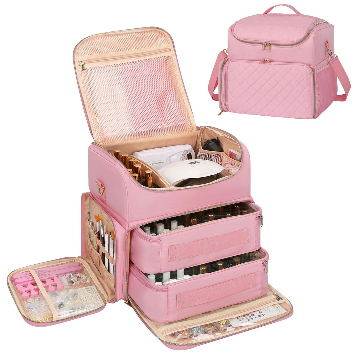 Light Pink Nail Polish Organizer Case with 86 Slots, Double Layer & Removable Pouches