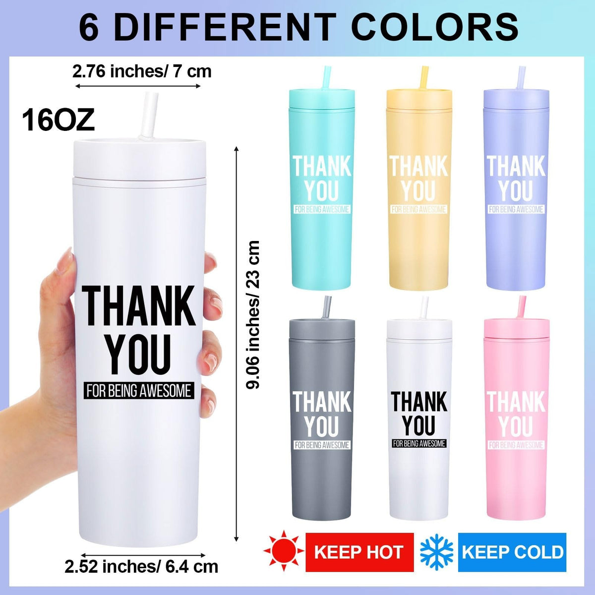 6 Pack Insulated Reusable Tumblers with Lids and Straws for Gift, 16oz