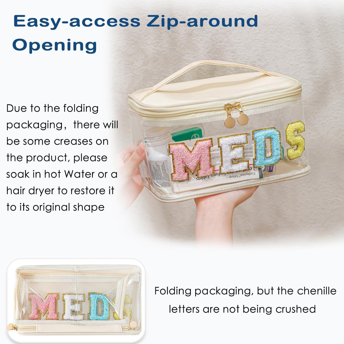 Large Waterproof Chenille Letter Clear Makeup Bag Travel Organizer