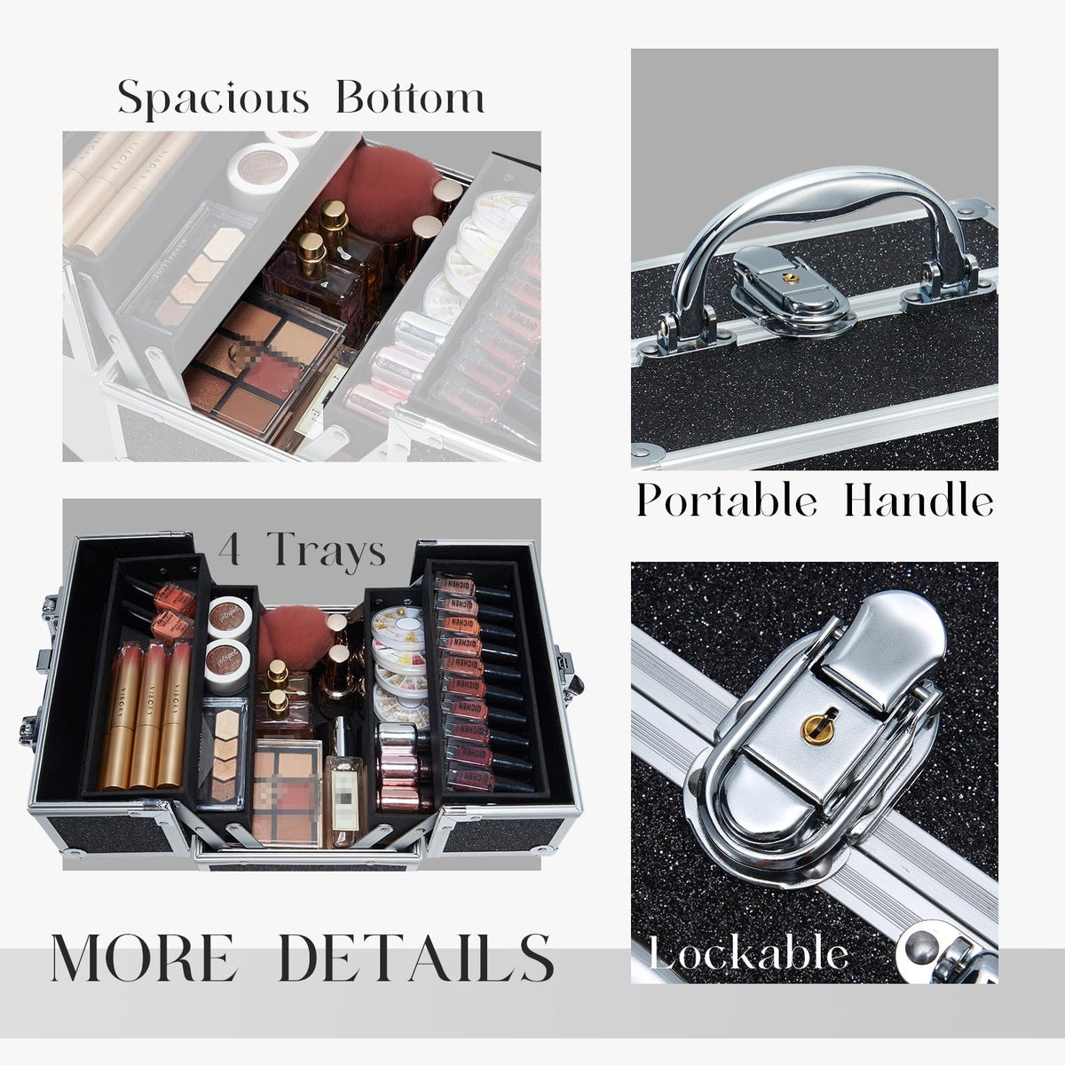 Black Portable Makeup Train Case with Lock & Multi-Tier Organizer
