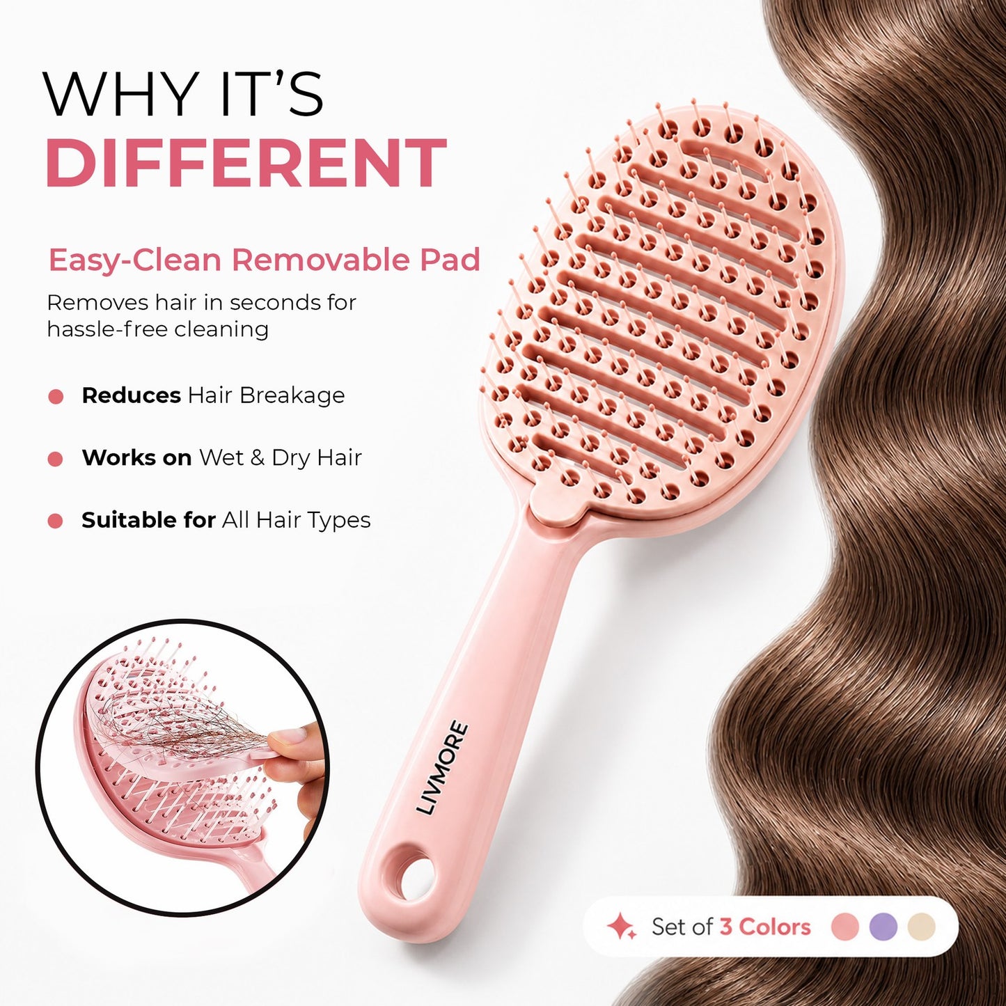 Set of 3 Detangler Hair Brushes Wet & Dry - Pink, Purple, Cream