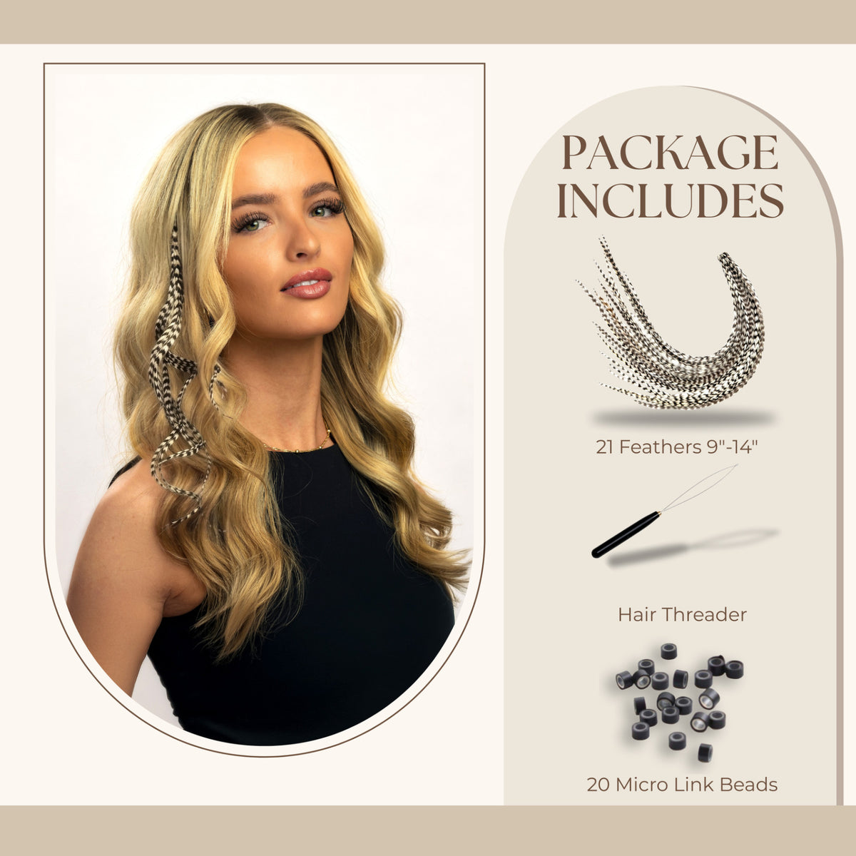 Real Feather Hair Extensions Set - 21 Black & White Rooster Feathers, Festival & Boho Hair Accessories