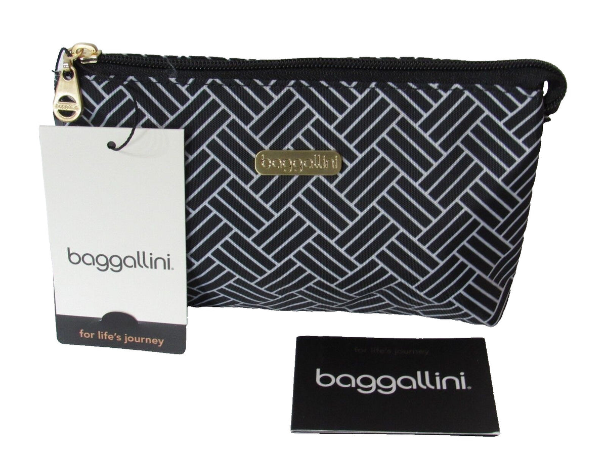 Cosmetic Bag with Multiple Compartments - Gold-Tone Hardware, Black Basket Print