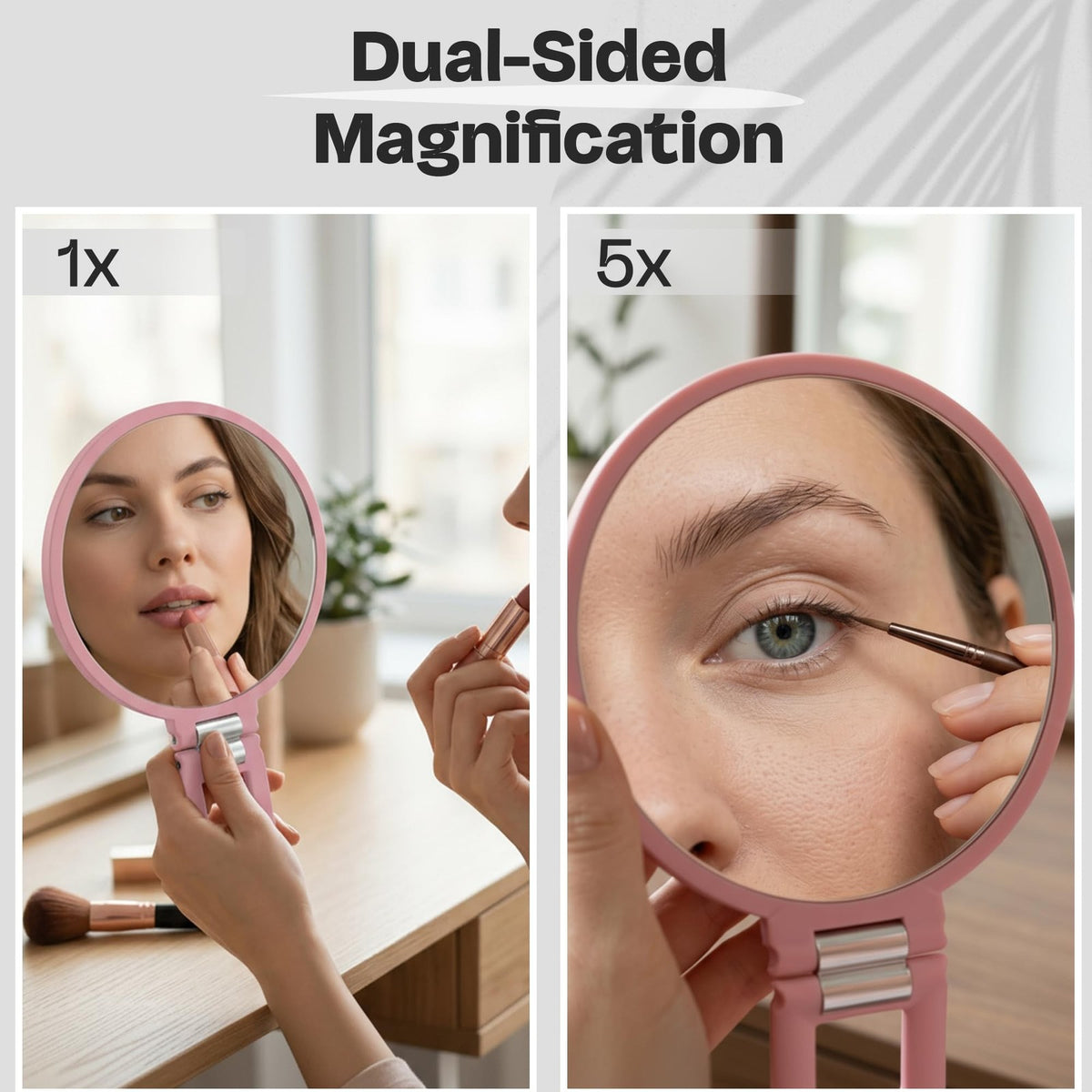 Round Handheld Mirror with 5X Magnification - Blush Pink & Silver Compact Beauty Mirror