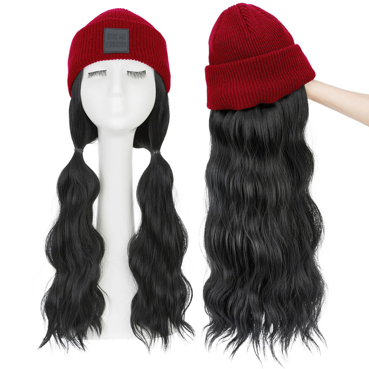 Winter Knitted Beanie Wig with Long Wavy Synthetic Hair - One Size Fits All