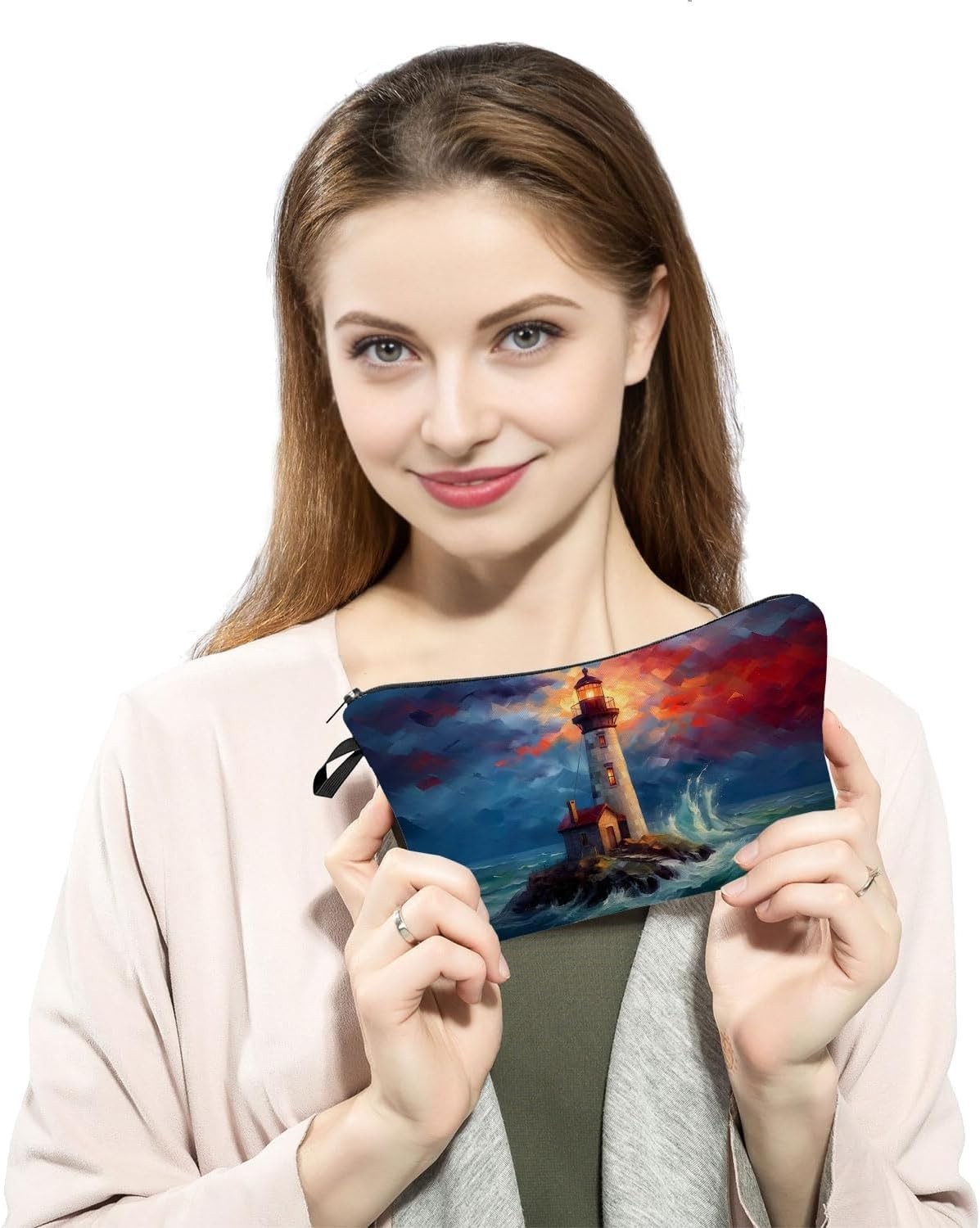 Small Lighthouse Print Makeup Bag with Metal Zipper & Durable Soft Material