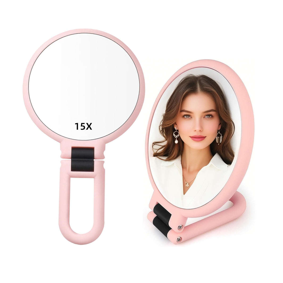15X Magnifying Handheld Travel Mirror with Handle - Double Sided Folding